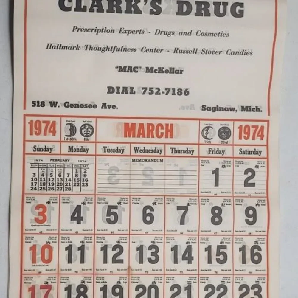 Vintage 1974 Clark's Drug Advertising Calendar